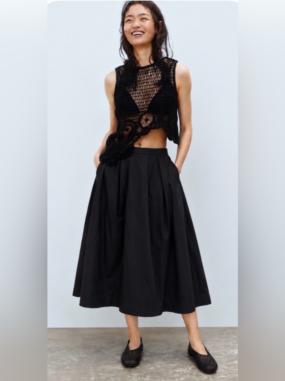 NWT H&M Cotton Poplin A-line Midi Skirt Black Pockets Women’s Size 10 Minimalist